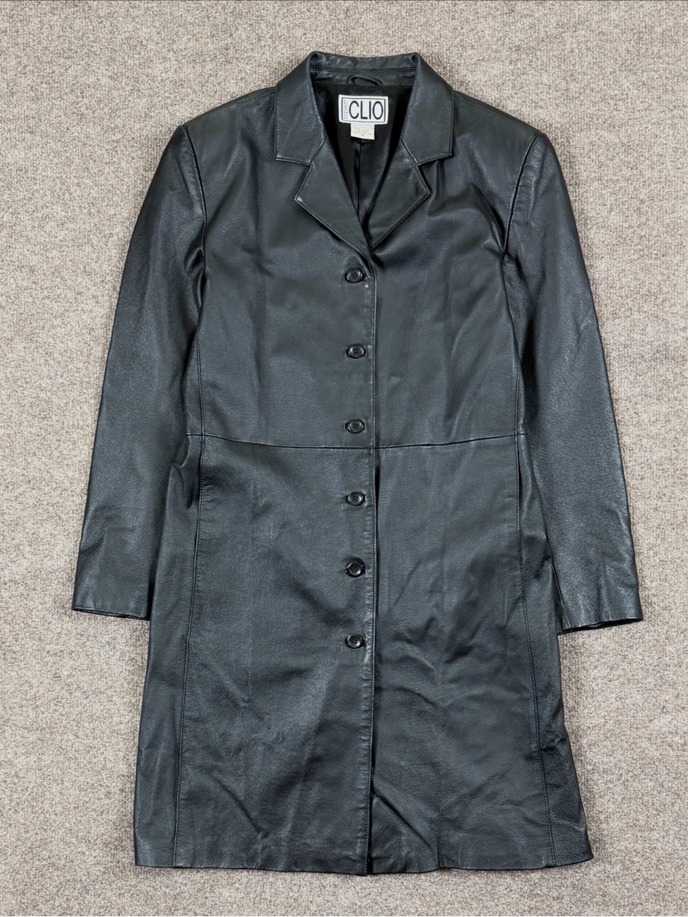 Vintage Clio Black Genuine Leather Mid Length Button Front Coat Women’s 14 XL